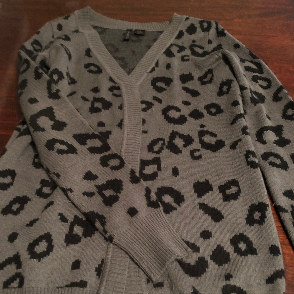 Gray and black Leopard Print cardigan sweater